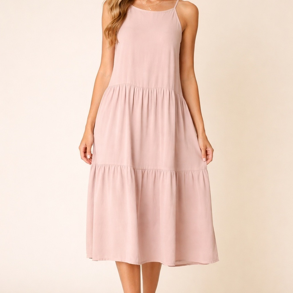 HYFVE Tan Tiered Midi Dress Size Large Flowy Halter Neck Neutral Boho